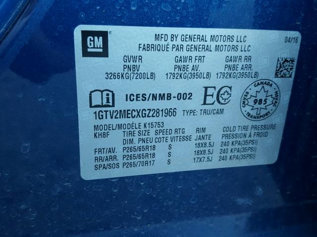 1GTV2MECXGZ281966 - 2016 GMC SIERRA K15 BLUE photo 10