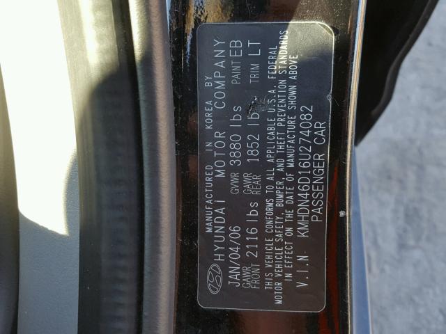 KMHDN46D16U274082 - 2006 HYUNDAI ELANTRA GL BLACK photo 10