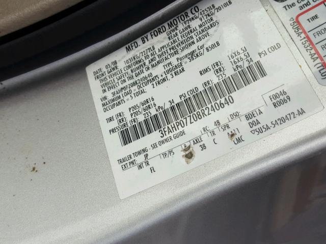 3FAHP07Z08R240640 - 2008 FORD FUSION SE SILVER photo 10