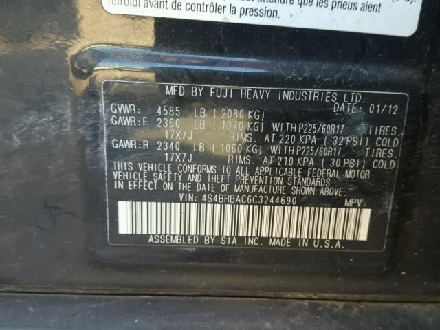 4S4BRBAC6C3244690 - 2012 SUBARU OUTBACK 2. BLACK photo 10