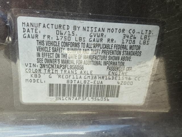 3N1CN7AP3FL956056 - 2015 NISSAN VERSA S GRAY photo 10