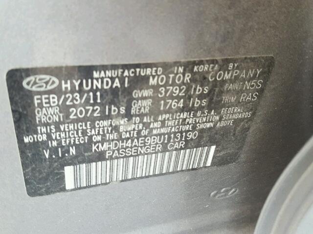 KMHDH4AE9BU113190 - 2011 HYUNDAI ELANTRA GL GRAY photo 10