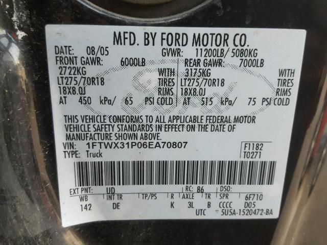 1FTWX31P06EA70807 - 2006 FORD F350 SRW S BLACK photo 10