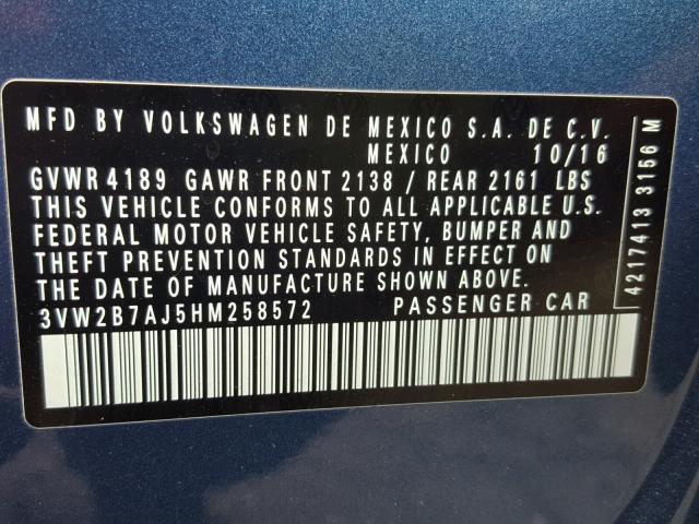 3VW2B7AJ5HM258572 - 2017 VOLKSWAGEN JETTA S 蓝色 照片 10
