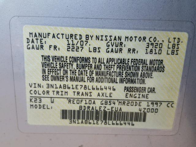 3N1AB61E78L666446 - 2008 NISSAN SENTRA 2.0 SILVER photo 10