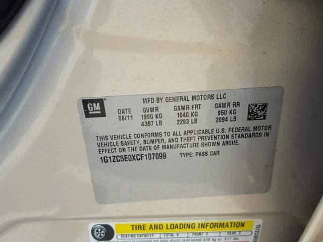 1G1ZC5E0XCF107099 - 2012 CHEVROLET MALIBU 1LT ოქროსფერი ფოტო 10