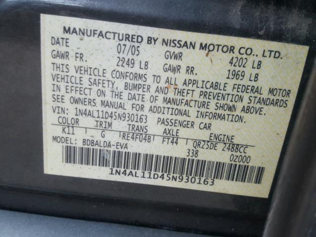 1N4AL11D45N930163 - 2005 NISSAN ALTIMA S GRAY photo 10