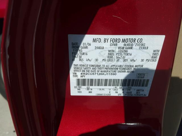 4M2CU57126KJ11590 - 2006 MERCURY MARINER RED photo 10