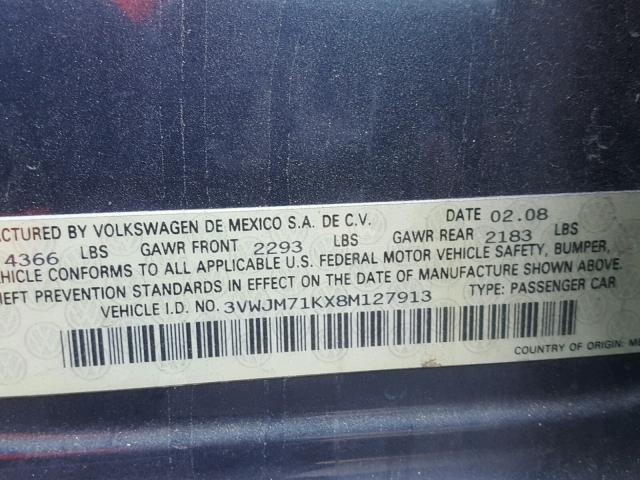 3VWJM71KX8M127913 - 2008 VOLKSWAGEN JETTA S Mavi foto 10