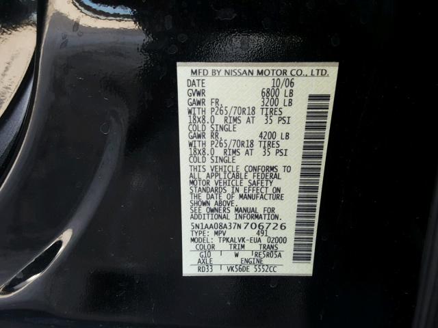 5N1AA08A37N706726 - 2007 NISSAN ARMADA SE BLACK photo 10