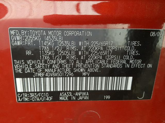 JTMBF4DV8A5017296 - 2010 TOYOTA RAV4 RED photo 10