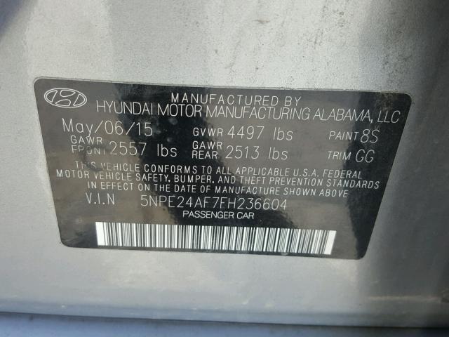 5NPE24AF7FH236604 - 2015 HYUNDAI SONATA SE SILVER photo 10