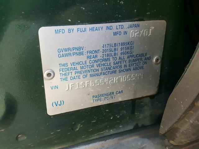 JF1SF65542H705599 - 2002 SUBARU FORESTER S GREEN photo 10