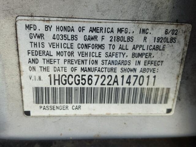 1HGCG56722A147011 - 2002 HONDA ACCORD SE SILVER photo 10