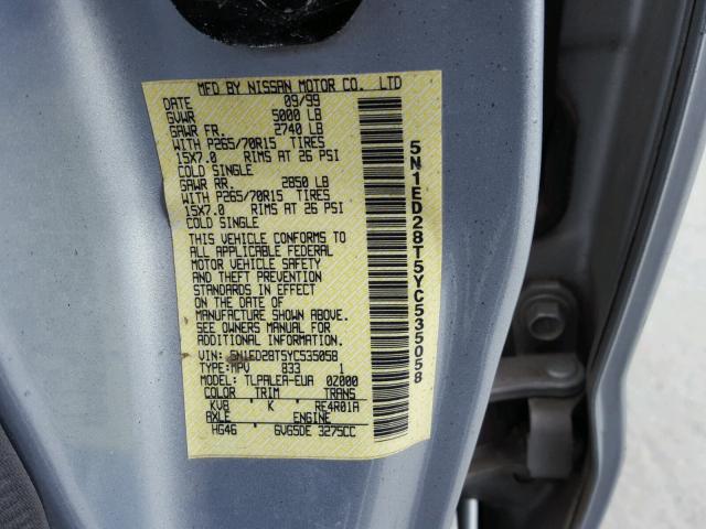 5N1ED28T5YC535058 - 2000 NISSAN XTERRA XE SILVER photo 10