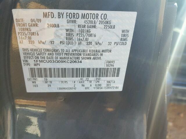 1FMCU03G09KC20634 - 2009 FORD ESCAPE XLT GRAY photo 10