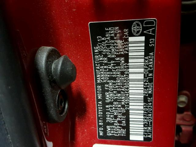 2T1BU4EE9DC079012 - 2013 TOYOTA COROLLA BA RED photo 10