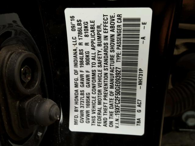 19XFC2F50GE093927 - 2016 HONDA CIVIC LX BLACK photo 10