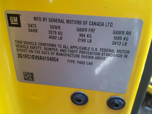 2G1FC1EV9A9104854 - 2010 CHEVROLET CAMARO LT YELLOW photo 10