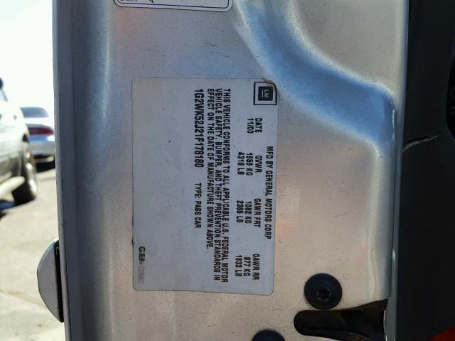 1G2WK52J21F178180 - 2001 PONTIAC GRAND PRIX SILVER photo 10