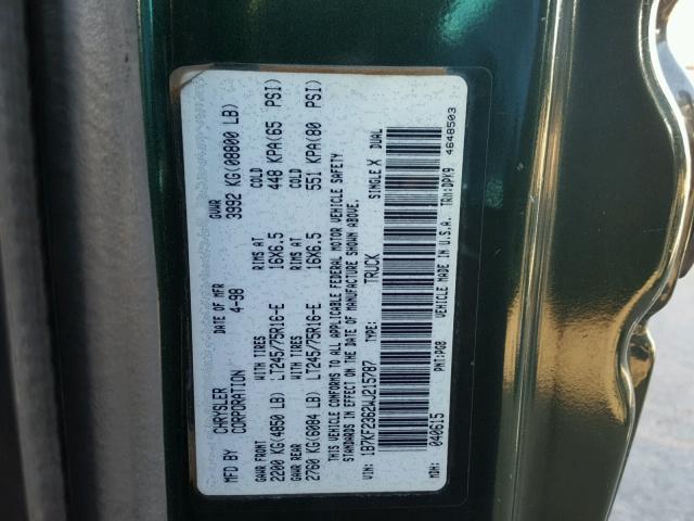 1B7KF2362WJ215787 - 1998 DODGE RAM 2500 GREEN photo 10