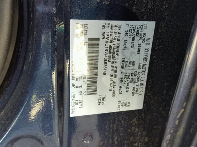 1FMRU15W43LB86140 - 2003 FORD EXPEDITION BLUE photo 10