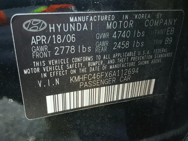 KMHFC46FX6A112694 - 2006 HYUNDAI AZERA SE BLACK photo 10