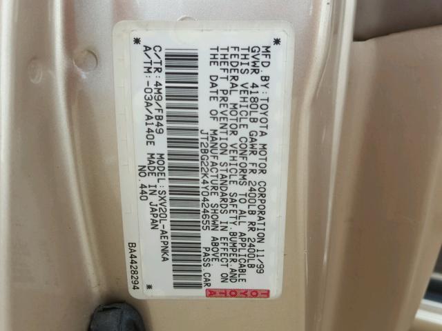 JT2BG22K4Y0424655 - 2000 TOYOTA CAMRY CE GOLD photo 10