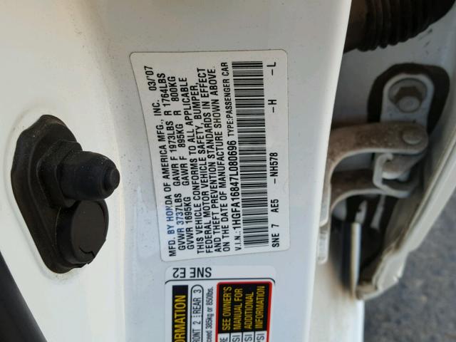 1HGFA16847L080696 - 2007 HONDA CIVIC EX WHITE photo 10