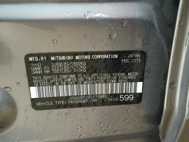 JA32U2FUXFU018489 - 2015 MITSUBISHI LANCER ES GRAY photo 10