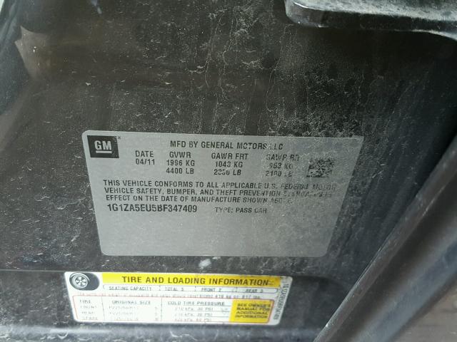 1G1ZA5EU5BF347409 - 2011 CHEVROLET MALIBU LS 灰色 照片 10