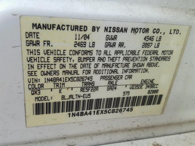 1N4BA41EX5C826745 - 2005 NISSAN MAXIMA SE WHITE photo 10