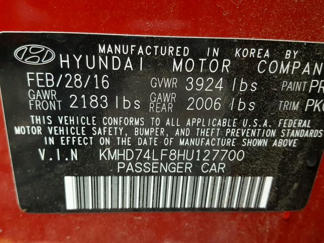 KMHD74LF8HU127700 - 2017 HYUNDAI ELANTRA SE RED photo 10