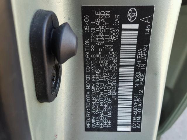 JTDKB20U267504535 - 2006 TOYOTA PRIUS GREEN photo 10