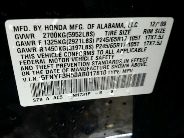 5FNYF3H50AB017810 - 2010 HONDA PILOT EXL BLACK photo 10