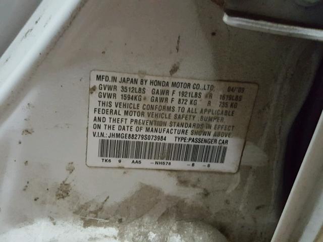 JHMGE88279S073984 - 2009 HONDA FIT WHITE photo 10