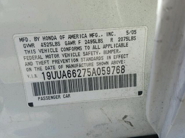 19UUA66275A059768 - 2005 ACURA TL WHITE photo 10