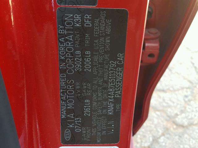 KNAFX4A87E5113792 - 2014 KIA FORTE EX RED photo 10