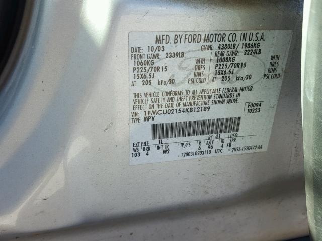 1FMCU02154KB12189 - 2004 FORD ESCAPE XLS SILVER photo 10