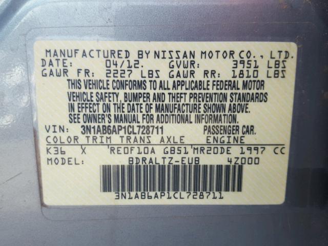 3N1AB6AP1CL728711 - 2012 NISSAN SENTRA 2.0 SILVER photo 10