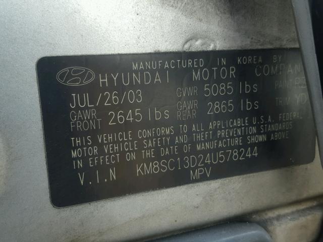 KM8SC13D24U578244 - 2004 HYUNDAI SANTA FE G SILVER photo 10