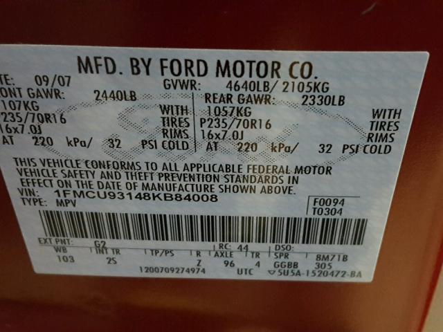 1FMCU93148KB84008 - 2008 FORD ESCAPE XLT RED photo 10