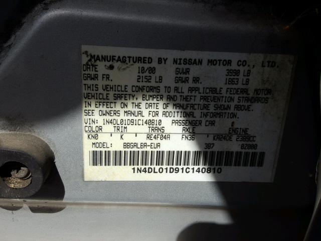 1N4DL01D91C140810 - 2001 NISSAN ALTIMA XE GRAY photo 10