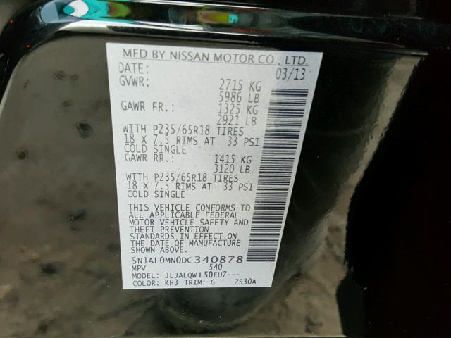 5N1AL0MN0DC340878 - 2013 INFINITI JX35 BASE BLACK photo 10