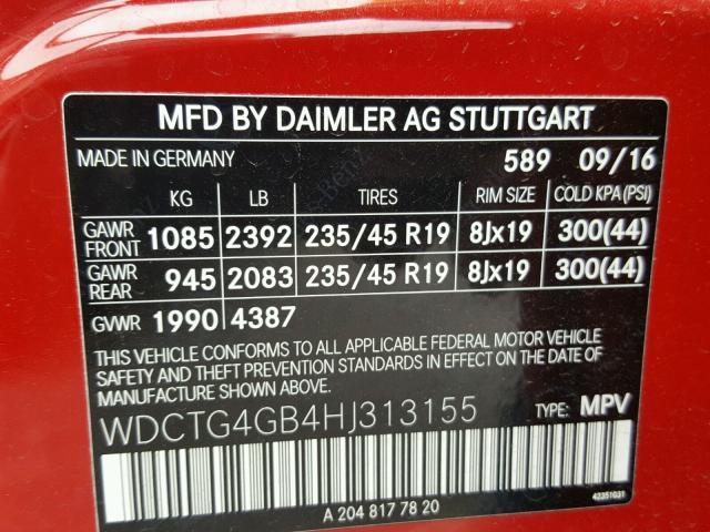 WDCTG4GB4HJ313155 - 2017 MERCEDES-BENZ GLA 250 4M RED photo 10