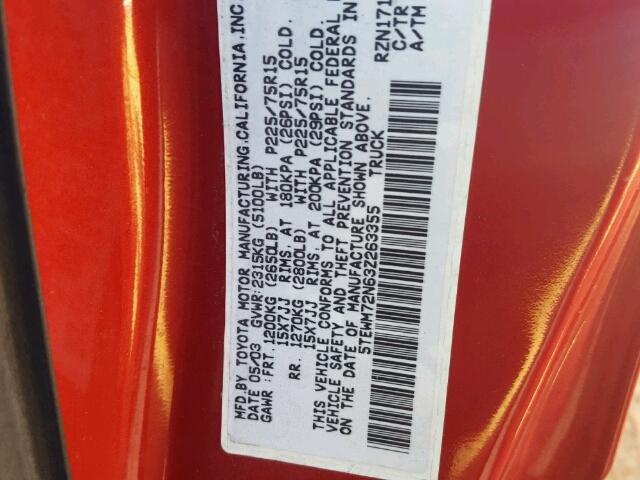 5TEWM72N63Z263355 - 2003 TOYOTA TACOMA XTR RED photo 10