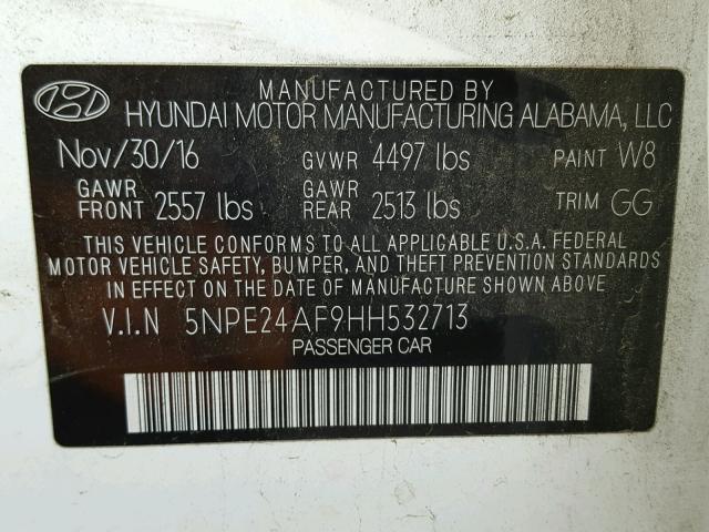 5NPE24AF9HH532713 - 2017 HYUNDAI SONATA SE WHITE photo 10