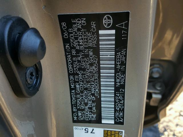 JTDKB20UX87805427 - 2008 TOYOTA PRIUS GOLD photo 10