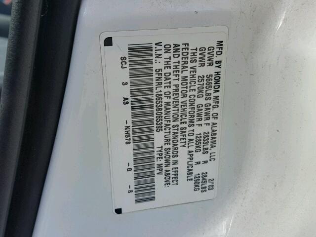5FNRL18653B065395 - 2003 HONDA ODYSSEY EX WHITE photo 10