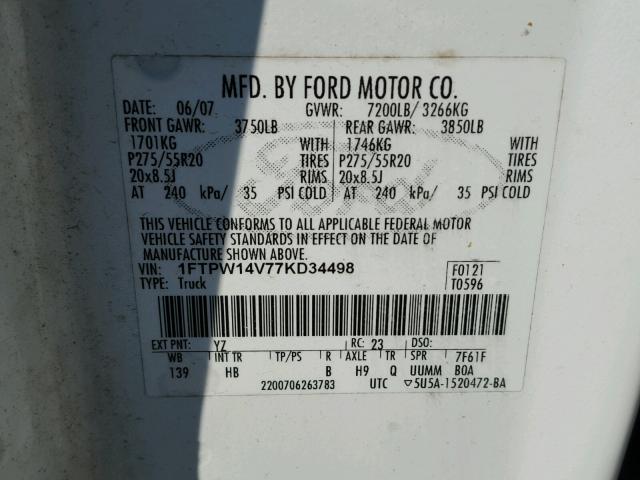 1FTPW14V77KD34498 - 2007 FORD F150 SUPER WHITE photo 10